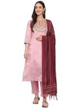 Women's Silk Blend Embroidered Straight Kurta Trouser with Dupatta Set