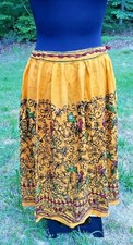 BOHO BANJARA ETHNIC MIRROR EMBROIDERED SKIRT BIRDS YELLOW VINTAGE SM - MED HIPPY