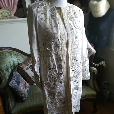 NWT SANDY STARKMAN 100% silk/beaded Ivory  Indian STYLE Caftan jacket  Size S