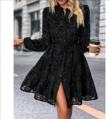 Spring and Autumn fashion long sleeve button ladies lace stitching dress |  eBay