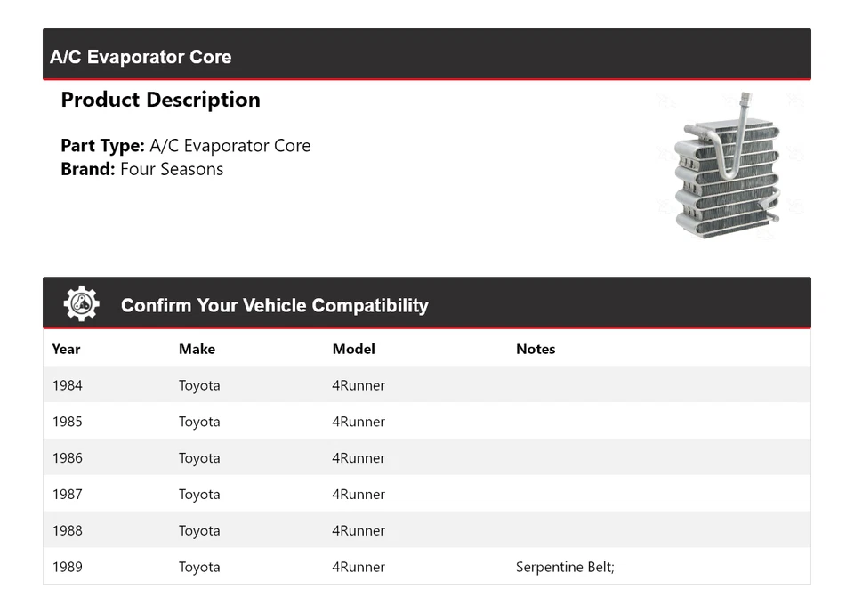 Núcleo evaporador aire acondicionado Toyota 4Runner 1984-1989 4 estaciones 1985 1986 1987 1988 Foto 2 de 4