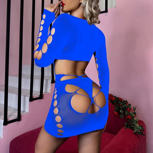 Womens Sheer Fishnet Hollow Out Long Sleeve Bodycon Lingerie Dress Mini Dress - Picture 51 of 72