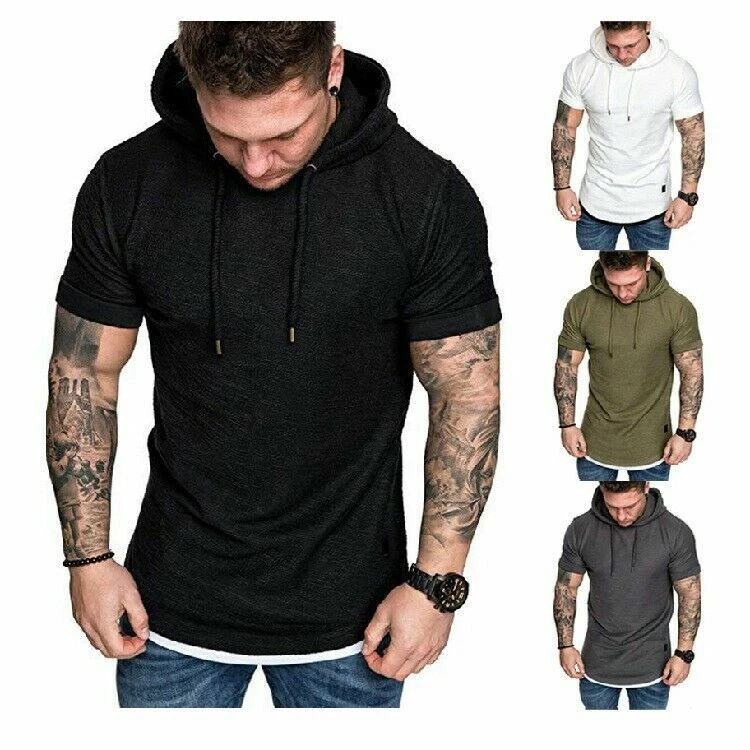 Men s Plain Short Sleeve T shirt Gym Sports Slim Hooded Hoodie