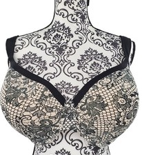 Cacique Lightly Padded Wireless Black Beige Paisley Floral Print Size 46D Nice