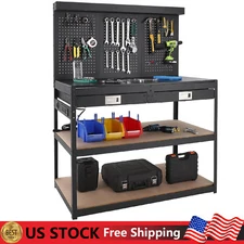  48" Work Table Heavy Duty Tool Adjustable Workbench Pegboard w/Power Outlets 
