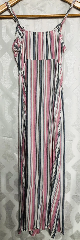 Mimi Chica Midi Solero Para Mujer’s S Frontal Atar Botones Rosa Rayas Playa Boho Foto 3 de 4