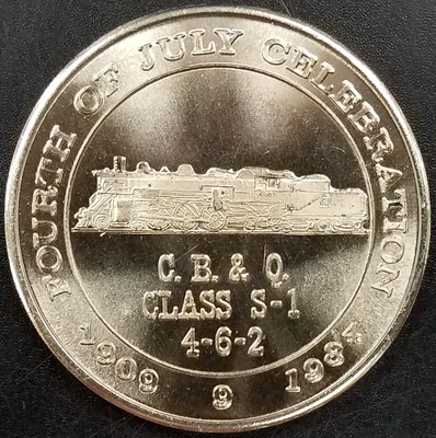 1984 Creston, Iowa 4th of July, C.B.&Q, Class S-1, 4-6-2, metal token! 41 mm