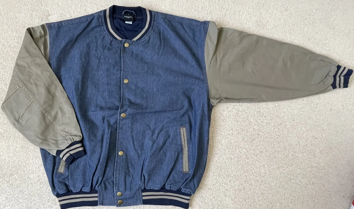 Denim varsity jacket clearance with khaki sleeves