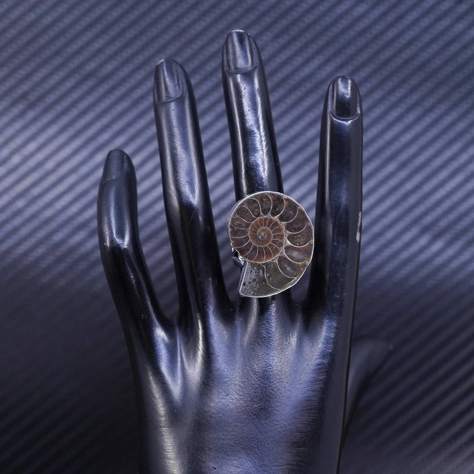 tamanho 5.5, anel de amonita de prata esterlina 925 | Joia mexicana, concha fóssil - Imagem 3 de 4