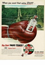 1953 TEXACO Sky Chief Gasoline Red Boxing Glove holds gas pump Vintage Ad