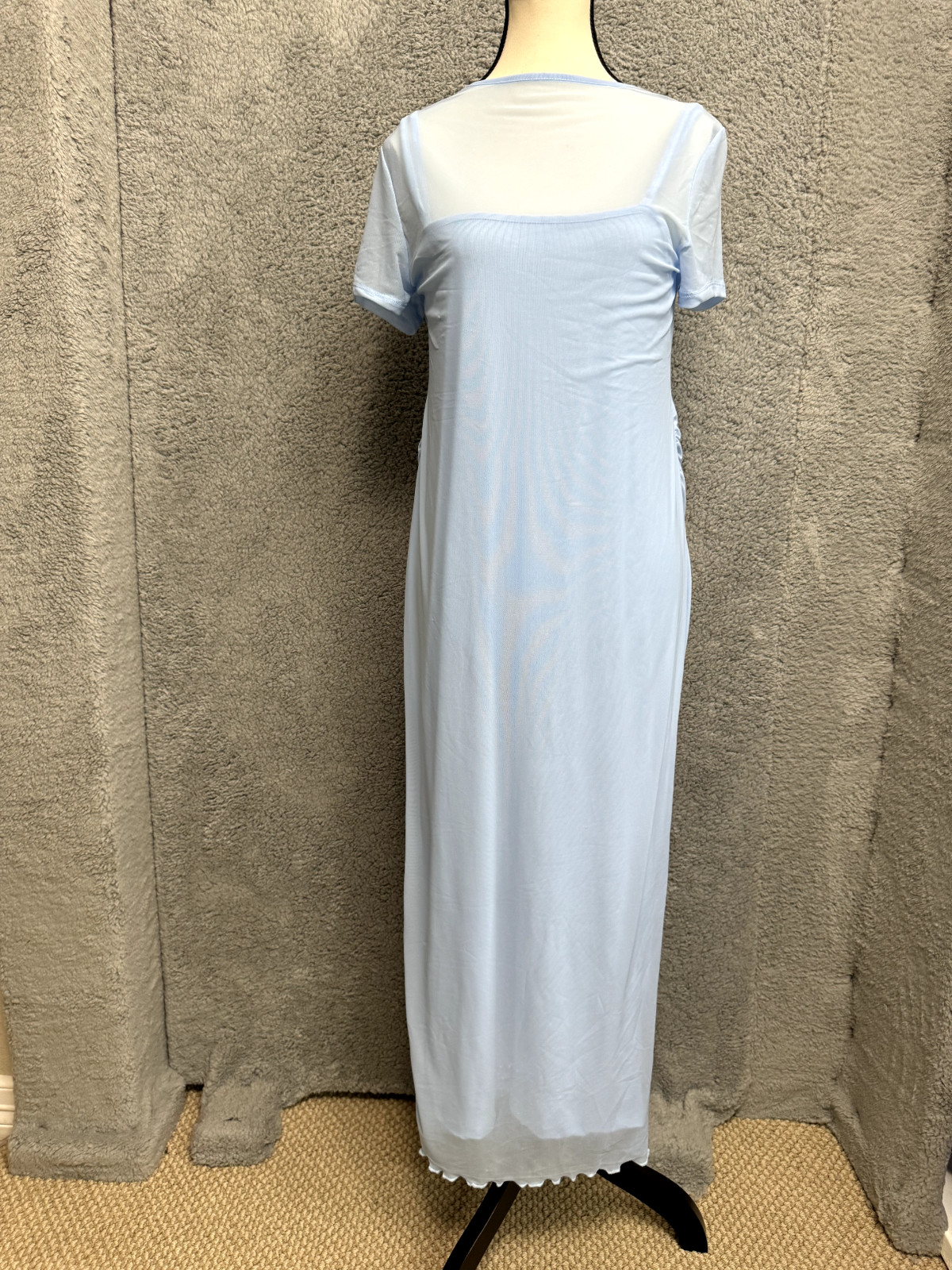 Slip Dress Women Large Blue Sheer Maxi Ruched Fairycore Fairy Ethereal Whimsical