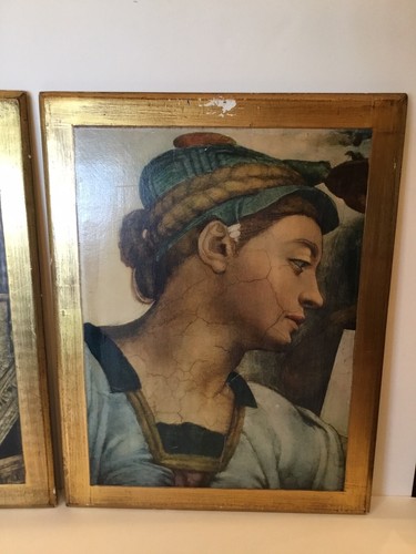 Vintage Set - 4 Michelangelo Repo Drucke Gold Holz Plakette Fratelli Alinari Italien - Bild 4 von 12