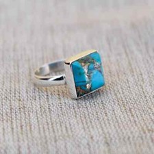 Blu Rame Turchese Gemma 925 Argento Sterling Artigianale Anello Tutti