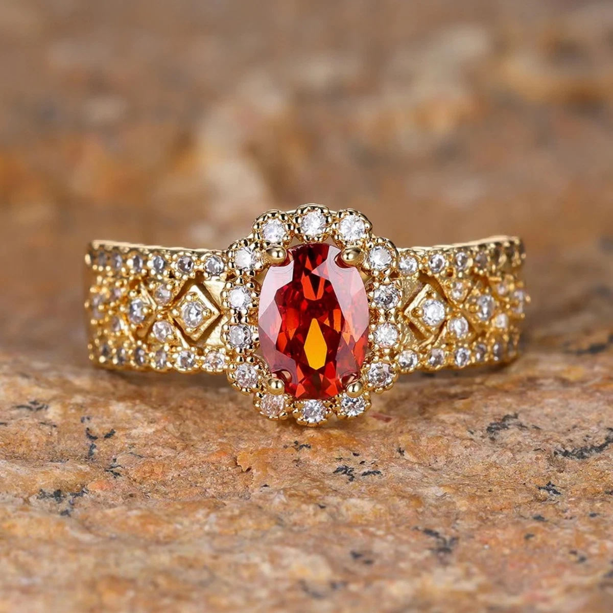 Stylish Italian Floral Red Diamond Ring Geometric Design Copper