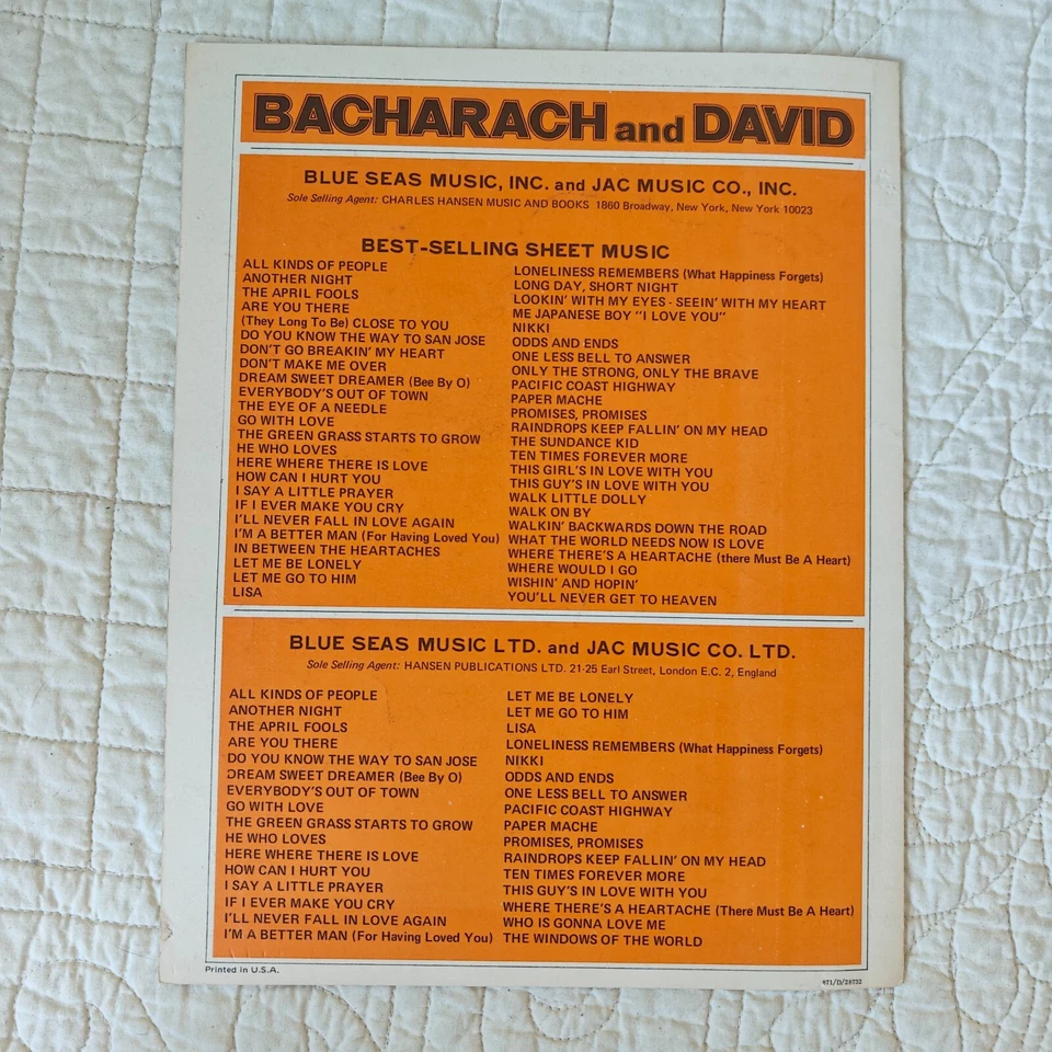 Raro 1969 De Colección "Raindrops Keep Fallin' on my Head" Canción Piano Partitura Foto 3 de 4