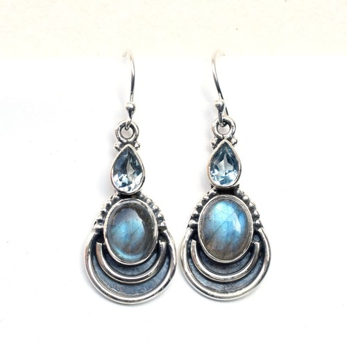 Natural Labradorite & Blue Topaz Earring 925 Sterling silver Handmade-NE010 - Picture 4 of 4