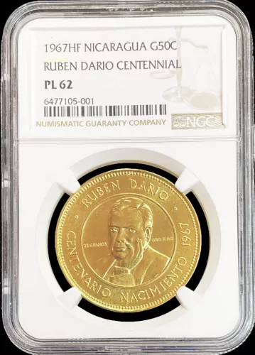 1967 GOLD NICARAGUA 50 CORDOBAS 100th ANNIVERSARY RUBEN DARIO NGC PROOF LIKE 62