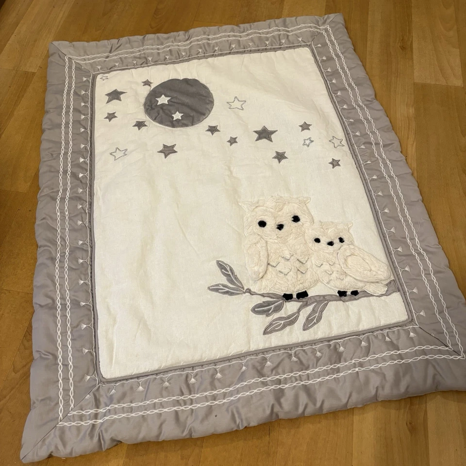 Manta Cuna Edredón Luna Búho Difuso Bordado Celestial Mezcla Lino Corderos e Hiedra Foto 2 de 4