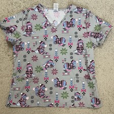 Disney Eeyore Scrub Top Womens Large Gray Christmas Winter Short Sleeve V Neck