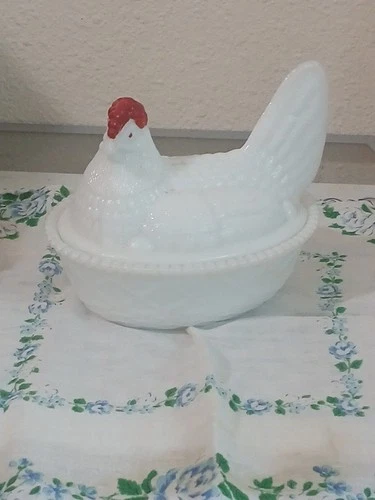 Westmoreland Hen on Nest Lidded Dish Vintage Split Tail Milk Glass Red Comb Eye