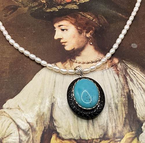 New Sterling Turquoise Onyx Pearl Pendant Necklace