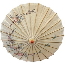 Vintage Asian Rice Paper Parasol Umbrella Hand Painted Birds Floral Bamboo