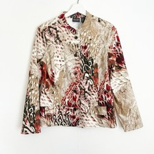 Additions by Chico  s Mandarin Collar Animal Abstract Jacket Tan Pockets Sz 1 M 