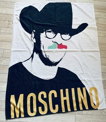 MOSCHINO Weißes Strand-Poolhandtuch Franco Moschino Face Print Logo Baumwolle