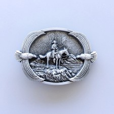 Western Cowboy on Horse Eagles Silver Metal Belt Buckle