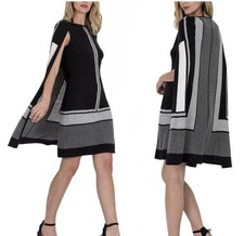 VERTIGO Black Gray Built in Cape Cotton Wool Blend Sleeveless Sweater Dress XS