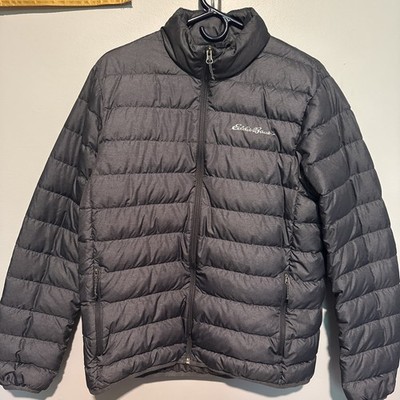 Eddie Bauer Jacket Mens Medium charcoal Down Puffer Full Zip Lightweight Warm