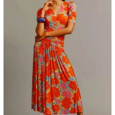 FARM Rio NEW Anthropologie Floral Ruched V Neck Maxi Dress size Large Orange