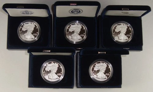 2010 2011 2012 2013 & 2014 Proof American Silver Eagle $1 5-Coin Set OGP