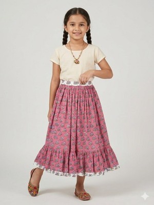 Anokhi Koki Pink Elephant Block Print Maxi Skirt Boho Cotton Tiered 6/7 Girls 