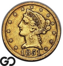 1851-D Gold Half Eagle, $5 Classic Head, Rotated Die, RARE Dahlonega, Strong D!