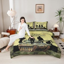 Camo Tank Comforter Set Twin Size,American Soldiers Silhouette Bedding Set 2P...