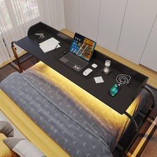 HWB Black Over Bed Desk with Wheels, Adjustable Height Laptop Table with
