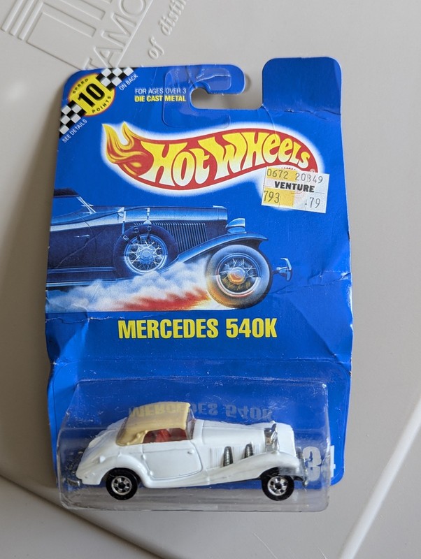 1991 Hot Wheels All Blue Card #134 White MERCEDES 540K W/ Blackwalls