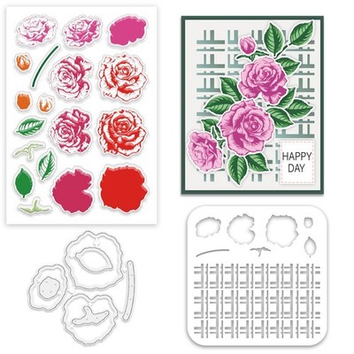 Layered Rose Flowers Clear Stamps Cutting Dies Set Reusable Wall Template