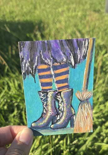ACEO Original Painting Art Card Magic Witch Broom Boots By Emily Alaine