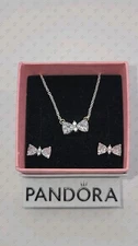 Authentic PANDORA Sparkling Bow Stud Earrings Necklace Gift Set B802516 W/ Box