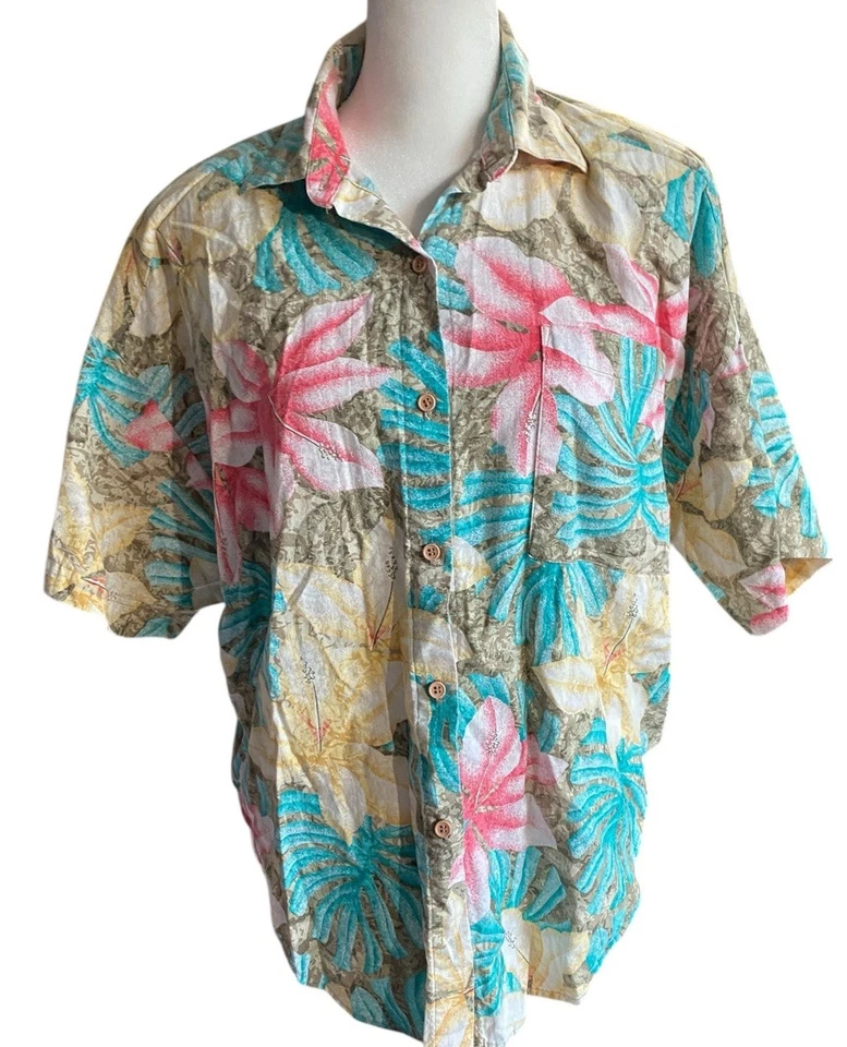 Blusa De Colección Años 80 Rosa Azul Hawaiana Abotonada Manga Corta Mujer M Miami Vice Foto 3 de 4