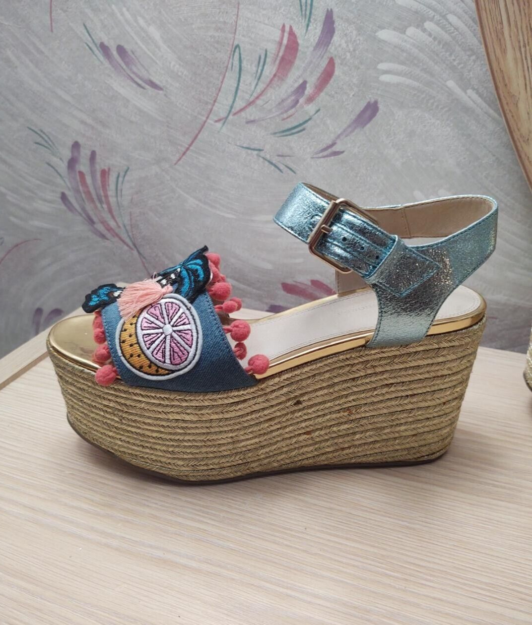 Asos Multicolor Open Toe High Platform Wedge Espa… - image 3