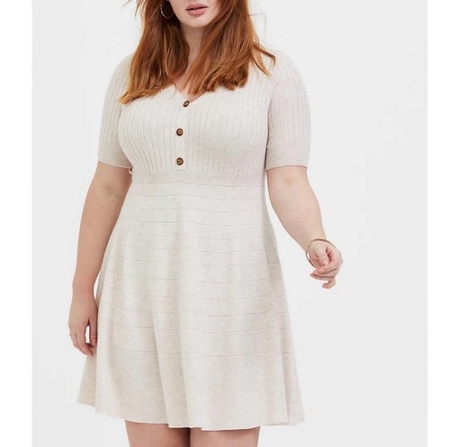Torrid Mini Sweater Button-Front Skater Dress Size 4X Oatmeal Ribbed Fall Autumn - Picture 7 of 8