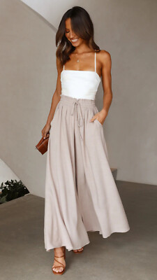 Women's Wide Leg Pants Elastic Belt High Waist Long Dress Pants Loose Skirt