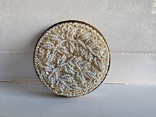 Flair of London Powder Compact White Micro Bead Puff Vintage