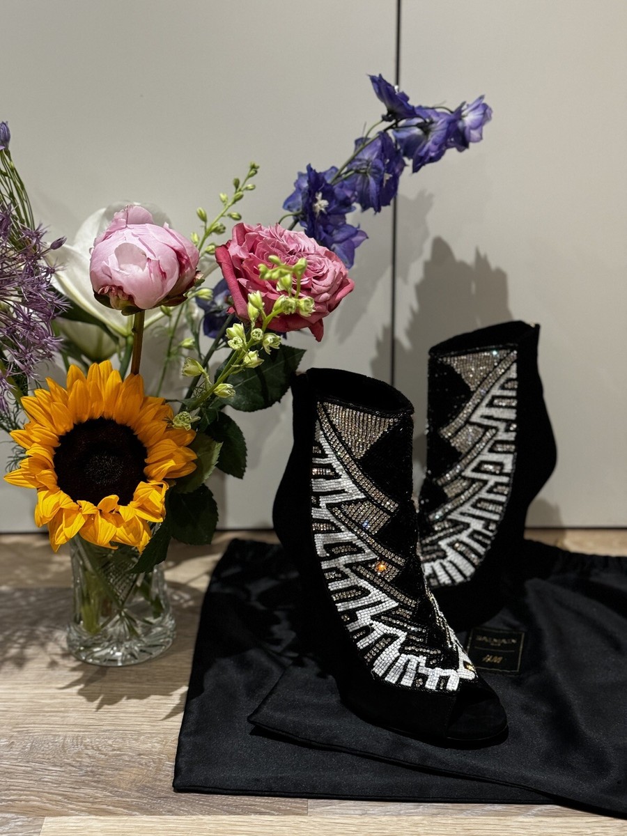 H&M x Balmain Peep-Toe Crystal Beaded Heel Boots EU 39/UK UK