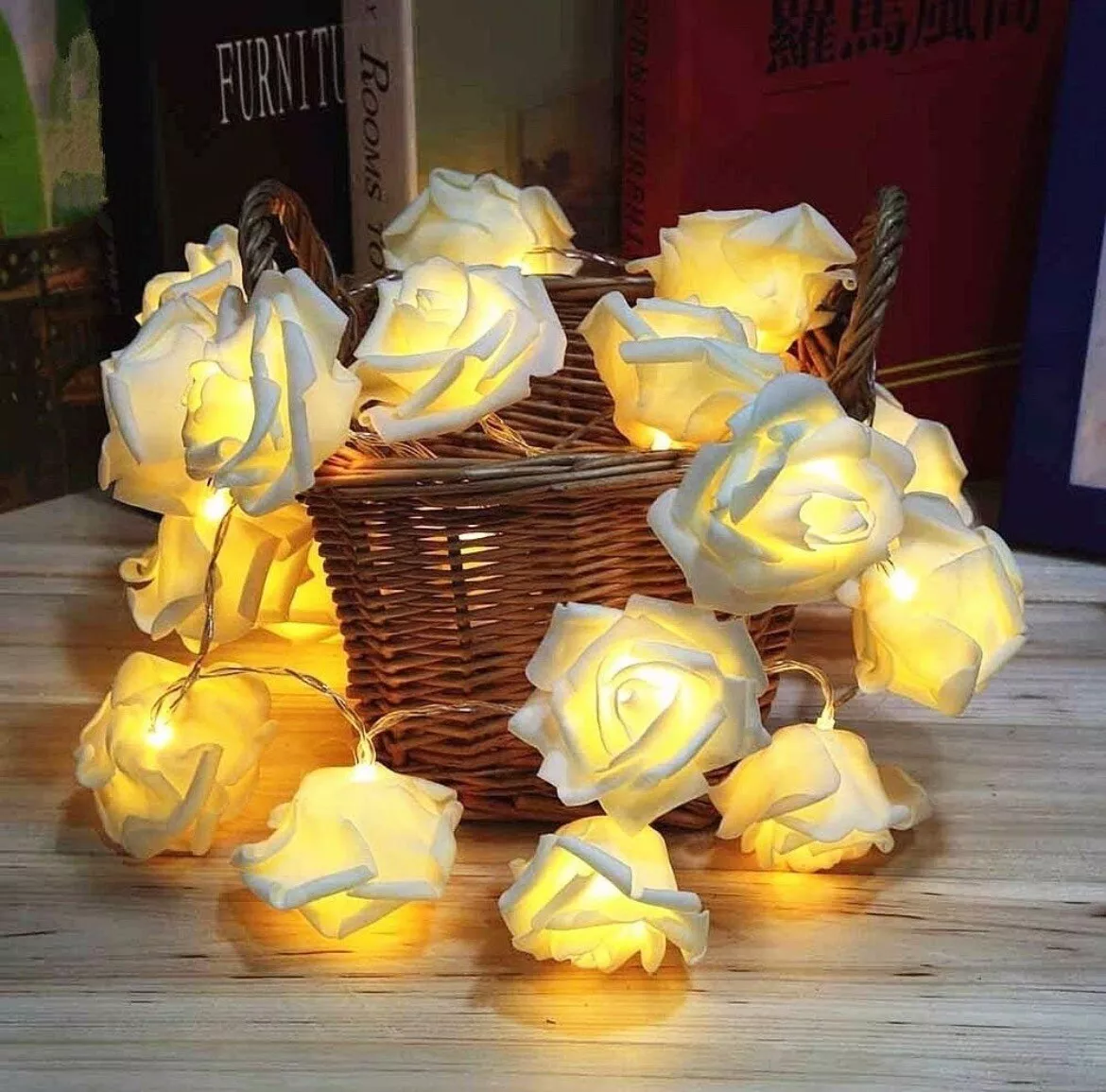 LED Rose Flower String Lights 20 LED Warm White Battery Powered