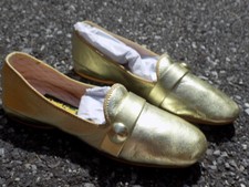 Vtg Daniel Green sz 6 Slippers Metallic Gold Loafers Button Strap accents Retro