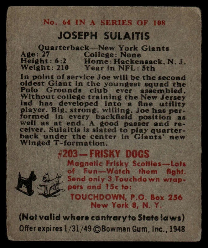 1948 Bowman #64 Joe Sulaitis - Image 2 of 2
